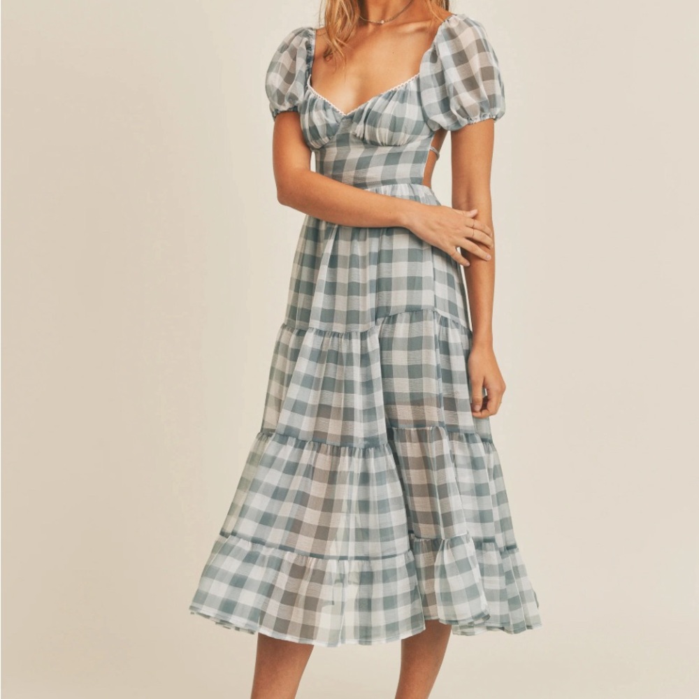 These Three - dusty blue checkered swing dress